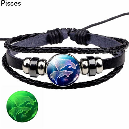 Glowing Constellation Bracelet Punk Luminous Jewelry Black Leather Woven Bracelet Glow In The Dark Zodiac Sign Luminous Bracelet