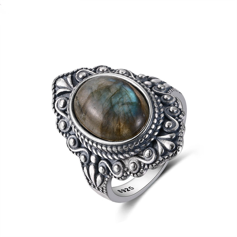 Oval Natural Labradorite Rings for Women Men 925 Sterling Silver Ring Finger Ring Retro Gemstone Rings Jewelry Party Gift