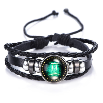 DropShipping Gemini Cancer Leo Virgo Libra Scorpio 12 Constellation Black punk Leather Bracelet Zodiac Bracelet for Men Women