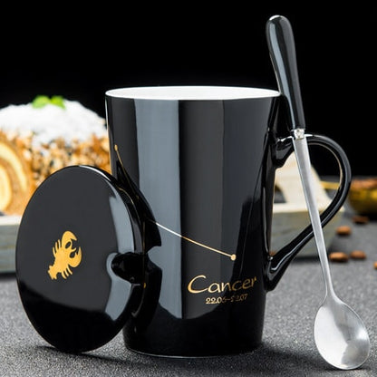 Ceramic Mugs 12 Constellations Creative Mugs With Spoon Lid Black Mug Porcelain Zodiac Milk Coffee Cup Drinkware Couples Gift