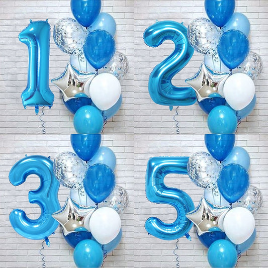 12Pcs/set Blue Number Foil Latex Balloons for Kids Birthday Party Decoration 1st One Year Birthday Boy Decor Baby Shower Balloon