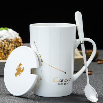 Ceramic Mugs 12 Constellations Creative Mugs With Spoon Lid Black Mug Porcelain Zodiac Milk Coffee Cup Drinkware Couples Gift