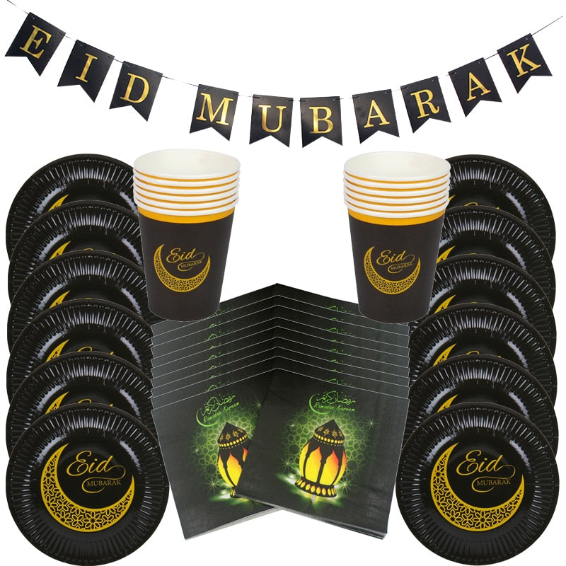 Ramadan Decoration Golden Black Banner Balloon Disposable Dinnerware Set Paper Plate EID Mubarak Party Decoration Muslim favor