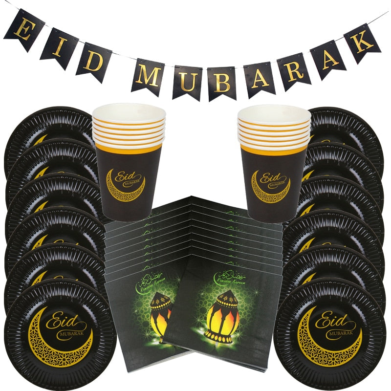 EID Mubarak Golden Banner Balloon Set Disposable Tableware Kit Black Tablecloth Ramadan Kareem Party Supplies Home Decoration