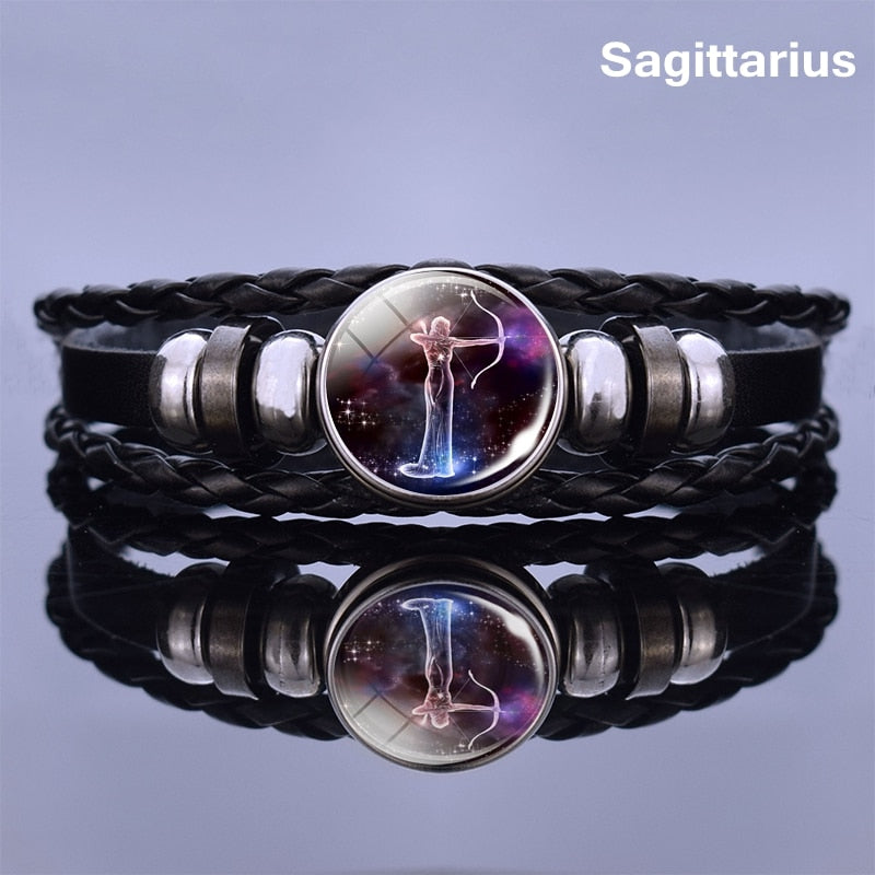 12 Zodiac Signs Glass Dome Leather Bracelet Fashion Jewelry for Couple Aries Taurus Leo Cancer Aquarius Pisces Bangle Bracelet