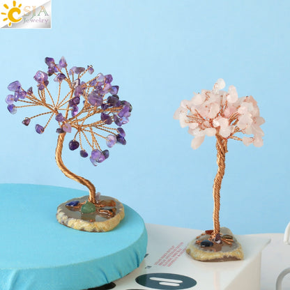 CSJA 7 Chakras Tree of Life Decoration Rose Natural Chip Crystal Handmade Healing Luck Money Trees Feng Shui Home Office G822