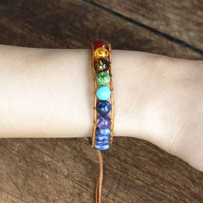 7 Chakra Stone Leather Bracelet for Women Men Handmade Jewelry Blue Dot Beaded String Wrap Charm Bracelet Dropship