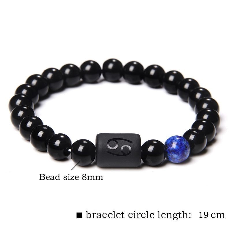 12 Constellation Zodiac Signs Beads Couples Bracelet Natural Black Onyx Stone Elastic Charm Bracelet for Women Men Birthday Gift
