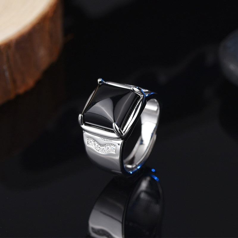 Trendy Men Ring Silver 925 Jewelry Accessories with Obsidian Zircon Gemstone Open Finger Rings for Wedding Engagement Party Gift