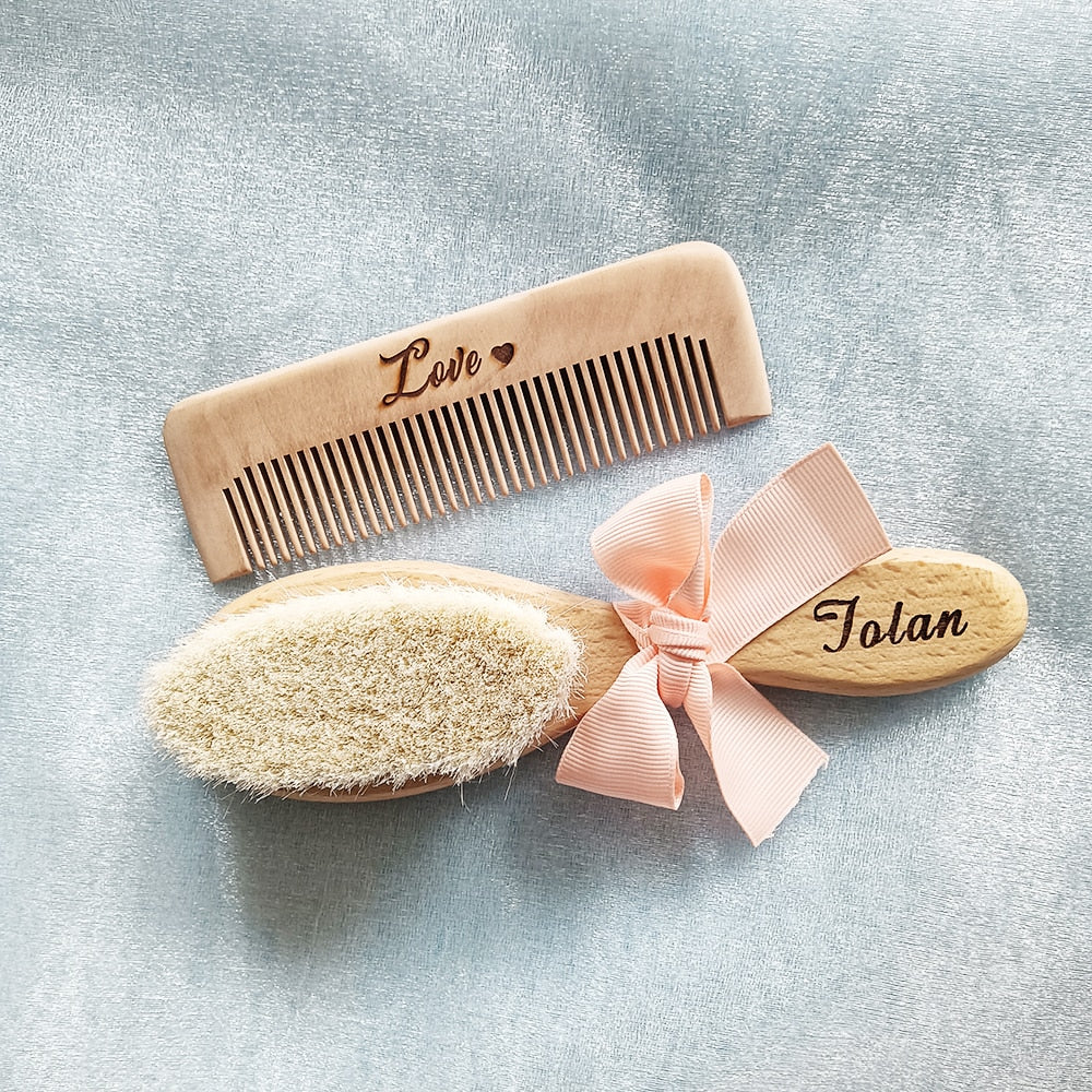 Custom Name Baby Bathing Comb Baby Care Hair Brush Pure Natural Wool Wood Comb Newborn Massager Baby Shower and Registry Gift