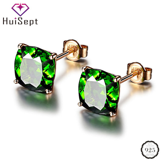 HuiSept Women Earrings Silver 925 Jewelry Square Shape Emerald Gemstone Stud Earrings for Women Wedding Party Gift Accessories