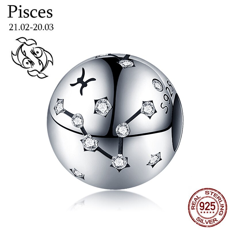 WOSTU 925 Sterling Silver Constellation Zodiac Bead Charm Aquarius Star Sign Fit Original Bracelet Women DIY Jewelry Party Gift