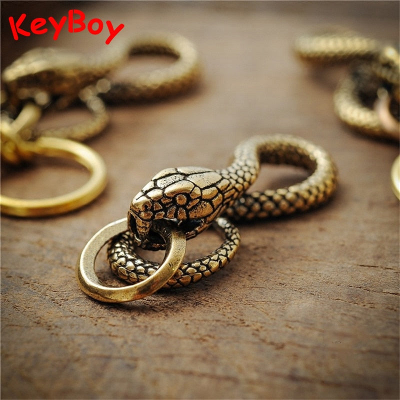 Handmade Pure Copper Zodiac Snake Keychains Pendants Vintage Brass Animal Python Waist Buckle Punk Men Women Car Key Chain Rings