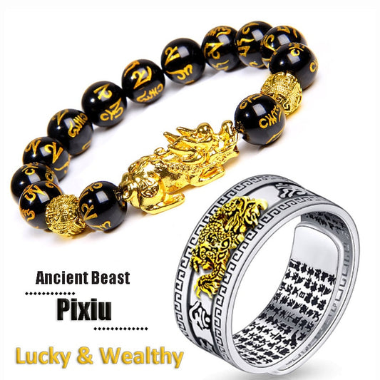 Black Pixiu Bracelet Ring Set Feng Shui Buddhist Bead Bracelet Obsidian Bead Bracelet Men&#39;s Women&#39;s Wealth Good Luck Accessories