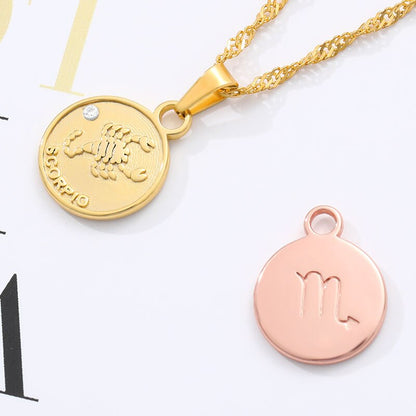 Round Coin Pendant Zodiac Sign Stainless Steel Minimalism Jewelry For Women Girl Aquarius Pisces Sagittarius Necklaces BFF