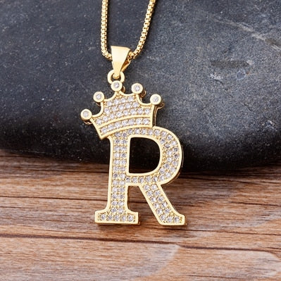 Nidin New Luxury Copper Zircon AZ Crown Alphabet Pendant Chain Necklace Hip-Hop Style Fashion Woman Man Initial Name Jewelry