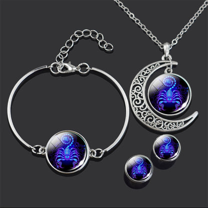 Constellation Jewelry Set 12 Zodiac Signs Glass Cabochon Necklace Bracelet Earrings Set Women 4PCS Jewelry Set Birthday Gifts