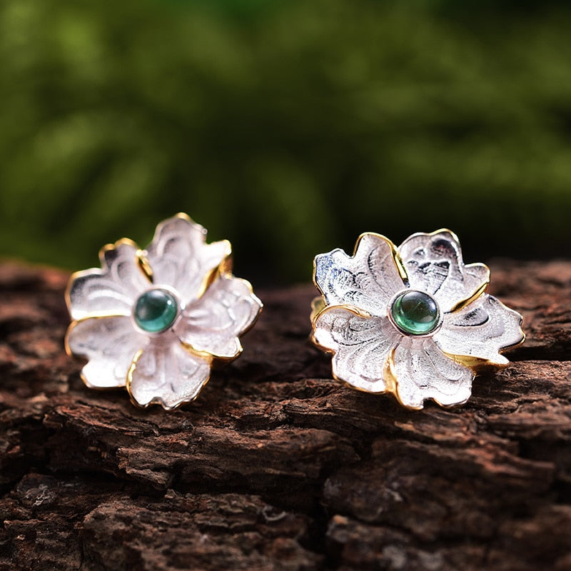 Lotus Fun Real 925 Sterling Silver Earrings Natural Gemstone Original Handmade Fine Jewelry Peony Flower Stud Earrings for Women