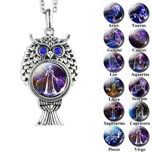 12 Constellations Signs Button Glass Cabochon Jewelry Pendant Cute Owl Shape Necklace Zodiac Birthdays Gifts for Women