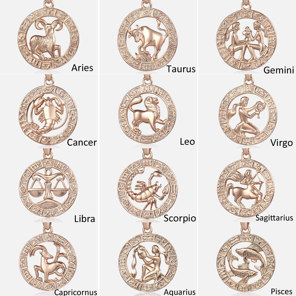 12 Zodiac Sign Constellations Pendants Necklaces For Women Men 585 Rose Gold Color Male Jewelry Fashion Birthday Gifts GPM16