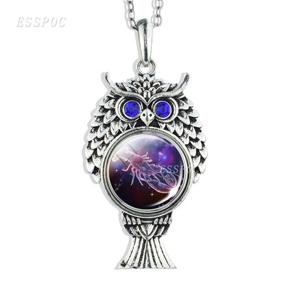 12 Constellations Signs Button Glass Cabochon Jewelry Pendant Cute Owl Shape Necklace Zodiac Birthdays Gifts for Women