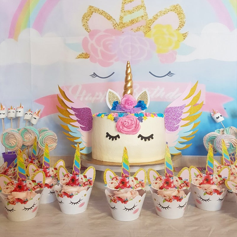 Unicorn Party 3-tier Cup Cake Stand Paper Plates Cups Balloon Birthday Party Decoration Kids Unicornio Party Girls Baby Shower