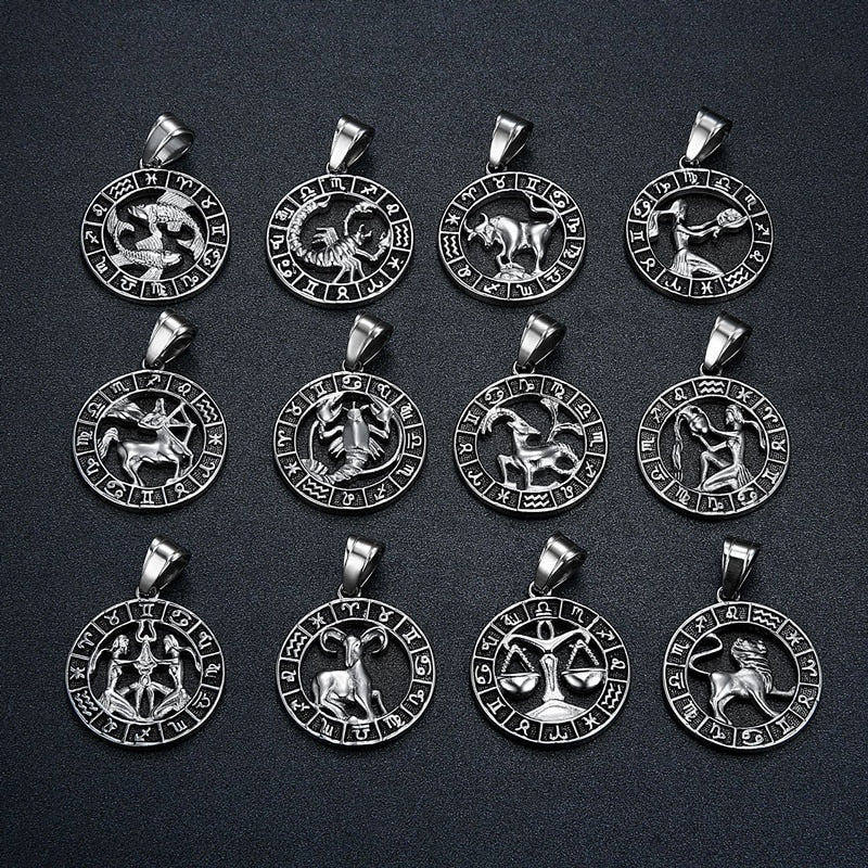 Silver Color 12 Constellation Zodiac Pendant Necklace Punk Retro High Quality Stainless steel Rope Chain Horoscope for Men