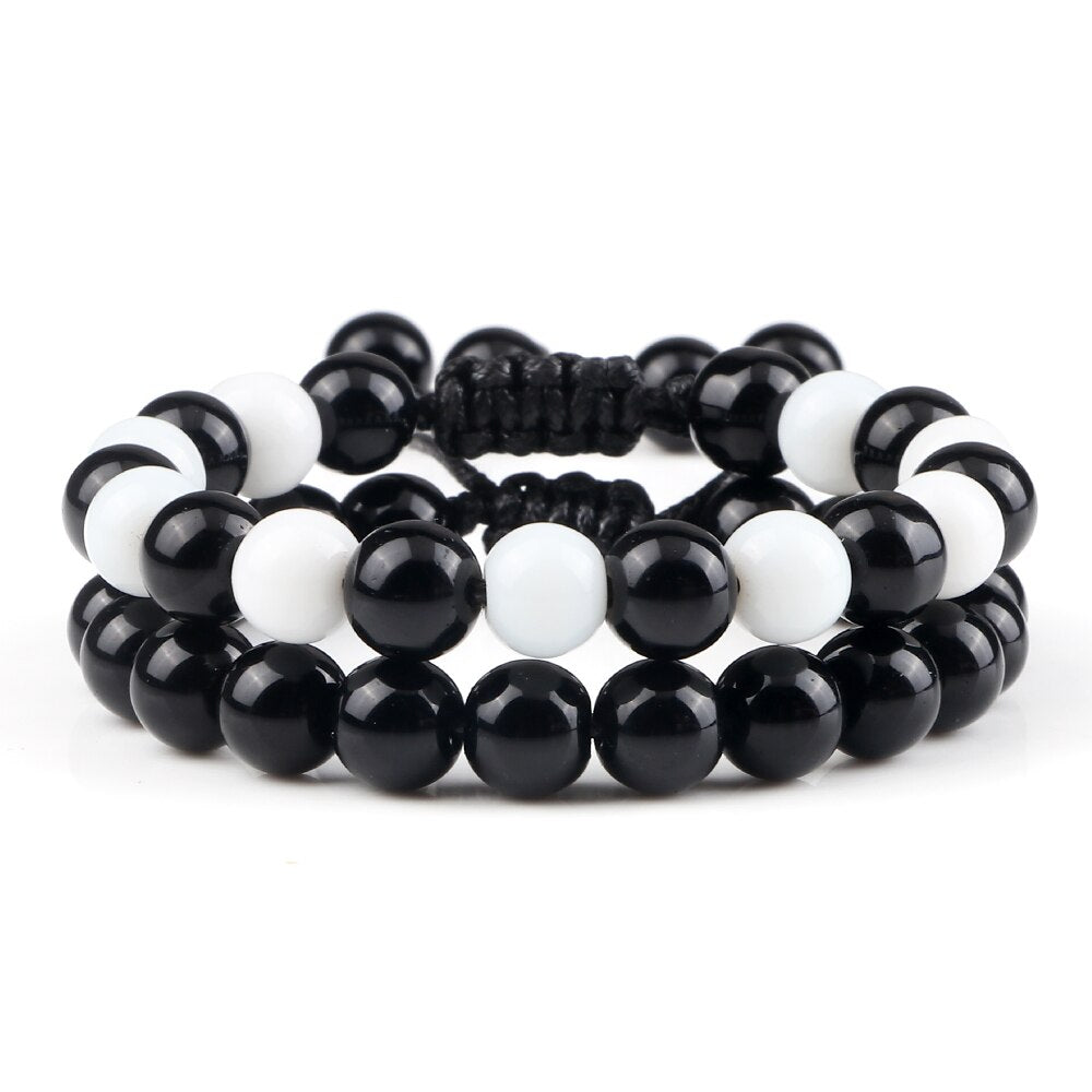 2pcs Men Shiny Black Natural Stone Beaded Bracelets Multicolor Tiger Eye Stone Obsidian Onyx Beads Bracelets Women Yoga Jewelry