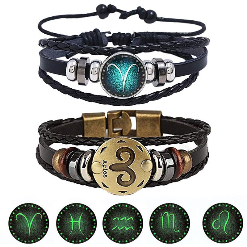 2pcs/set 12 Constellation Bracelets Luminous Charm Leather Bracelet Zodiac Horoscope Braided Bangle Men Women Jewelry Wrist Gift