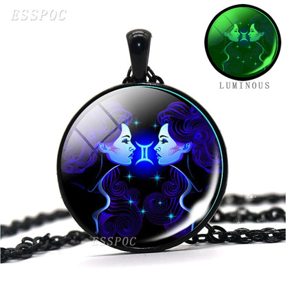 12 Constellations Necklace 12 Zodiac Signs Luminous Glass Cabochon Necklace Leo Virgo Cancer Libra Gemini Pisces Aries Necklace