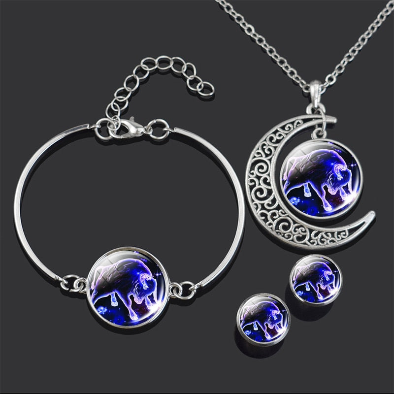 Constellation Jewelry Set 12 Zodiac Signs Glass Cabochon Necklace Bracelet Earrings Set Women 4PCS Jewelry Set Birthday Gifts