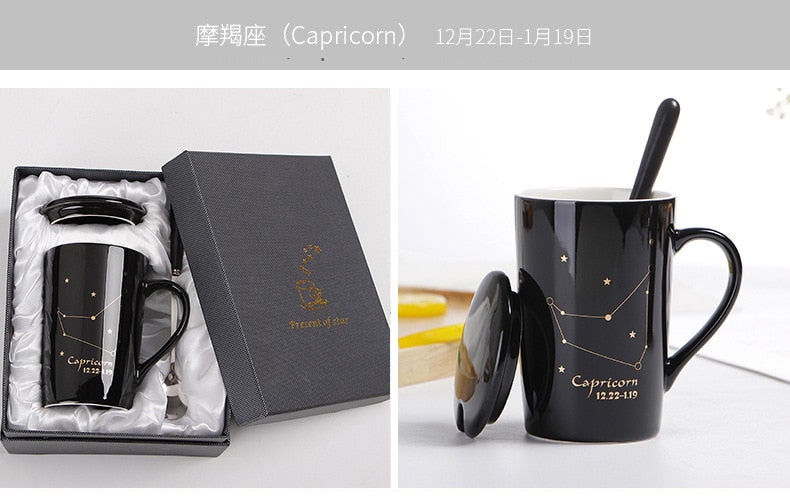 With Gift Box 12 Constellations Creative Ceramic Mugs with Spoon Lid Black and Gold Porcelain Zodiac Milk Coffee Cup 400ML Water