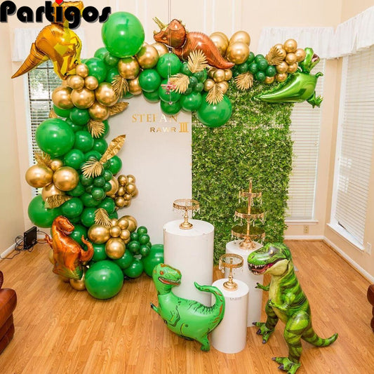 105pcs Dinosaur Balloons Garland Kit for Birthdays Baby Showers Decoration and comes with T Rex, Velociraptor, Brontosaurus
