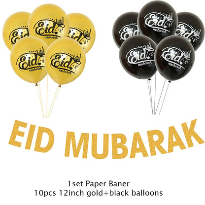 EID Mubarak Golden Banner Balloon Set Disposable Tableware Kit Black Tablecloth Ramadan Kareem Party Supplies Home Decoration