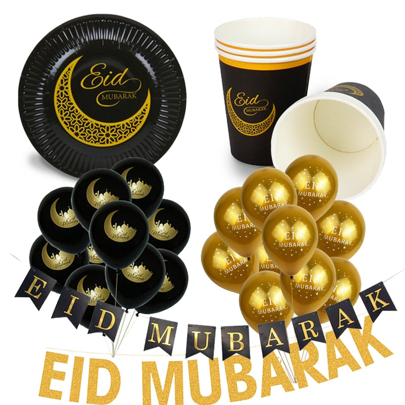 Ramadan Decoration Golden Black Banner Balloon Disposable Dinnerware Set Paper Plate EID Mubarak Party Decoration Muslim favor