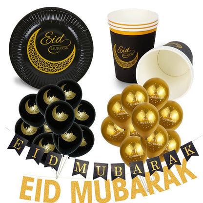 EID Mubarak Golden Banner Balloon Set Disposable Tableware Kit Black Tablecloth Ramadan Kareem Party Supplies Home Decoration