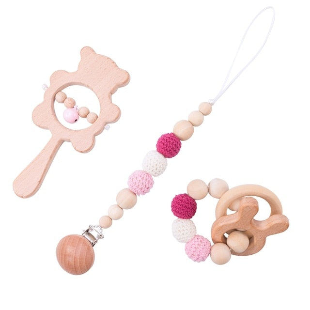 1set Baby Toys Wooden Rattle Bear Shape Hand Teething Baby Teether Musical Pacifier Chain Montessori Educational Stroller Toys