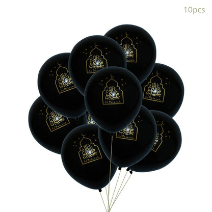 EID Mubarak Golden Banner Balloon Set Disposable Tableware Kit Black Tablecloth Ramadan Kareem Party Supplies Home Decoration