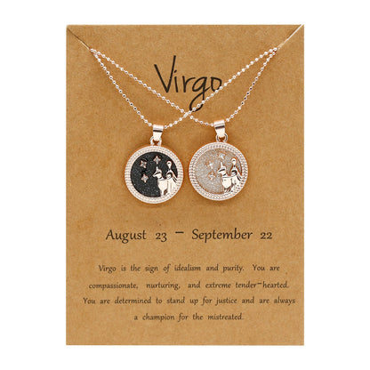 Fashion 12 Constellation Necklace For Women 2 PCS/Set Zodiac Sign Coin Chain Pendant Choker Birthday Couple Jewelry Charm Gifts