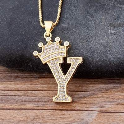 Nidin New Luxury Copper Zircon AZ Crown Alphabet Pendant Chain Necklace Hip-Hop Style Fashion Woman Man Initial Name Jewelry