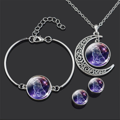 Constellation Jewelry Set 12 Zodiac Signs Glass Cabochon Necklace Bracelet Earrings Set Women 4PCS Jewelry Set Birthday Gifts