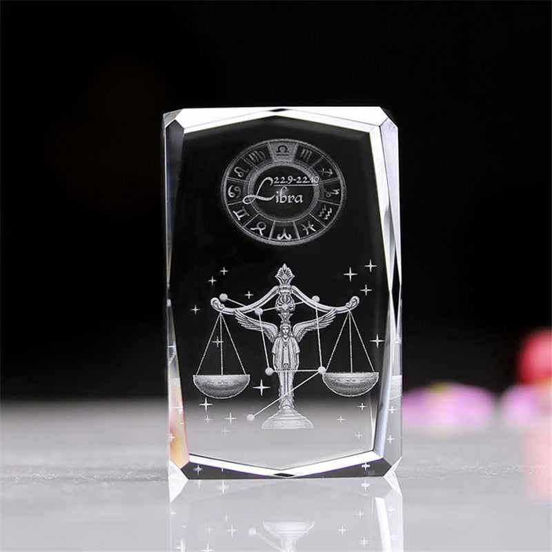 3D Zodiac Sign Star Crystal Cube Laser Engraved Glass Block Figurines Miniatures Craft Home Decor Birthday Gift Ornament