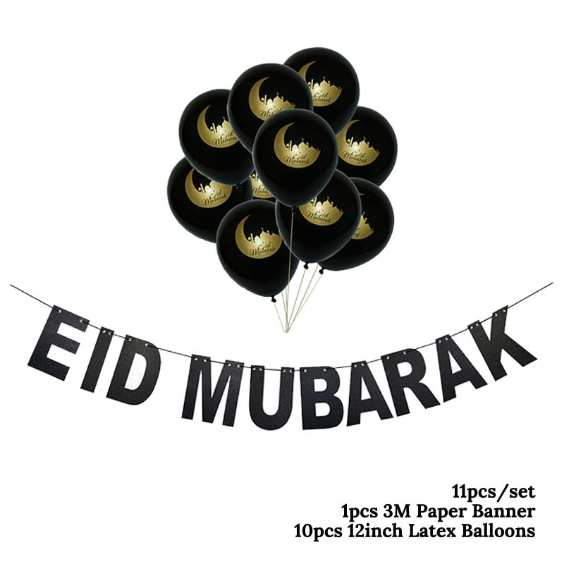 EID Mubarak Golden Banner Balloon Set Disposable Tableware Kit Black Tablecloth Ramadan Kareem Party Supplies Home Decoration