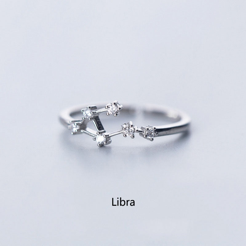 New Minimalist Inlaid Cubic Zircon 12 Constellation Zodiac Sign Rings for Women Simple Silver Color Adjustable Ring Jewelry Gift