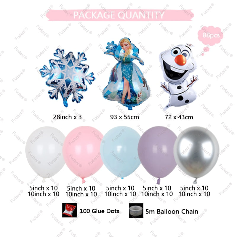 88pcs Disney Frozen Theme Balloons Garland Arch Kit Olaf Elsa Princess Aluminium Foil Balloons Snowflake Birthday Party Decors