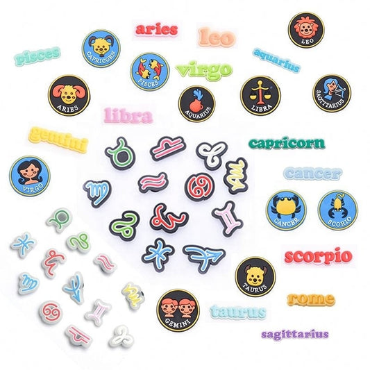 Shoes Accessories Designs Available PVC The Signs Of Zodiac Shoes Decoration Charms Clog Pvc Charm For Bracelets Kids