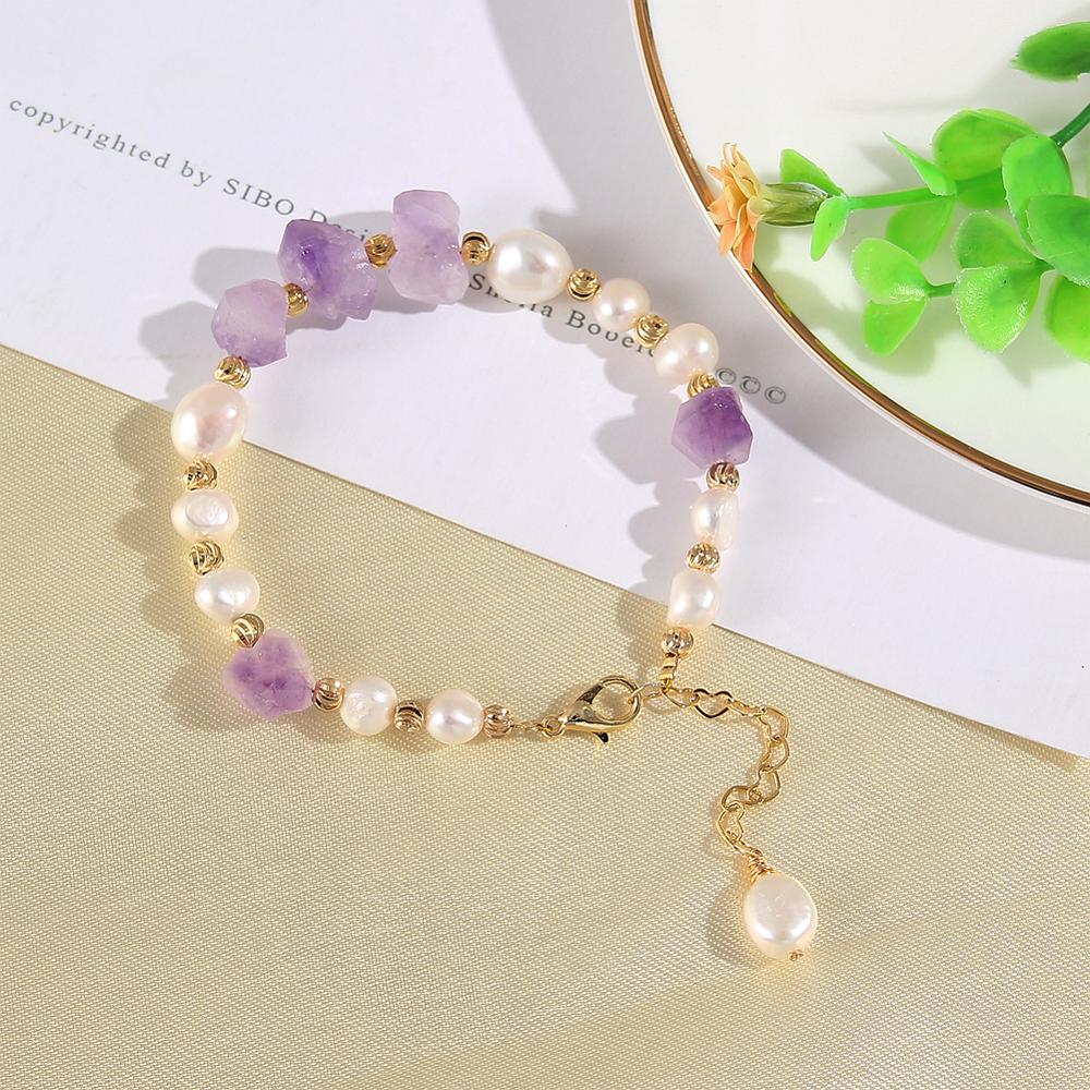 Coeufuedy Freshwater Pearl Bracelet for Women Natural Amethyst Bracelet Party White Pearl Stone Beads Bracelets Fine Jewelry