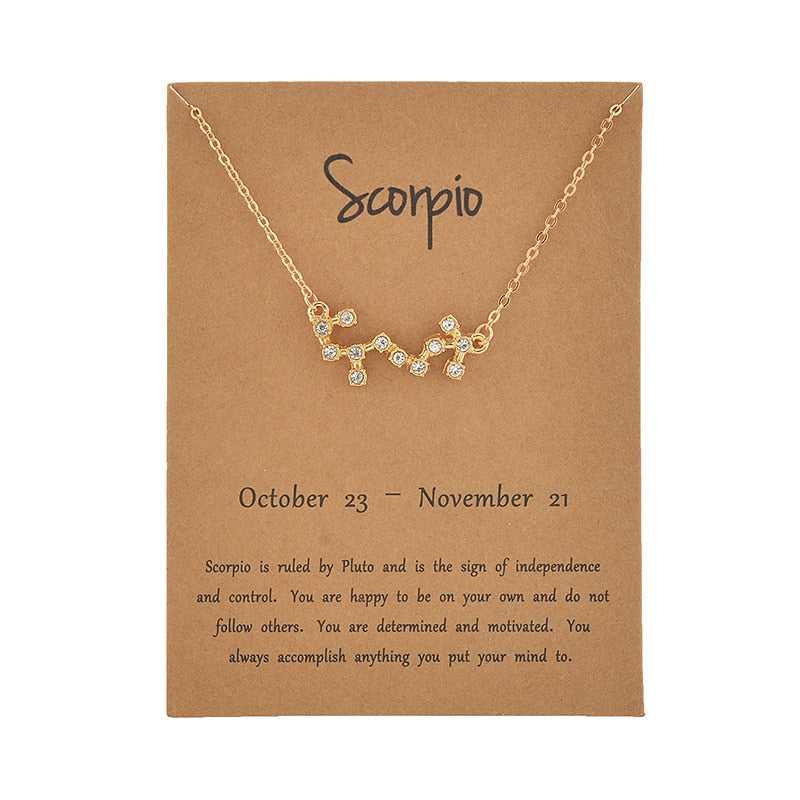 Cardboard Star Zodiac Sign 12 Constellation Necklaces Crystal Charm Chain Choker Necklace for Women Birthday Jewelry Gift