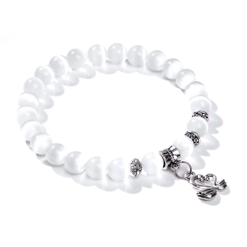 Fashion White Cat Eye Stone Beads Bracelets For Women Jewelry Men Animal Charm Bracelets Natural Stone Beaded Bracelets Shiny