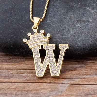 Nidin New Luxury Copper Zircon AZ Crown Alphabet Pendant Chain Necklace Hip-Hop Style Fashion Woman Man Initial Name Jewelry